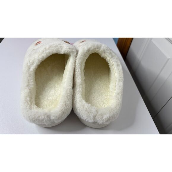 Luna Mellow Teddy Bear Embroidered Plush Slippers – Cream Fuzzy House Shoes Sz L - Picture 5 of 8